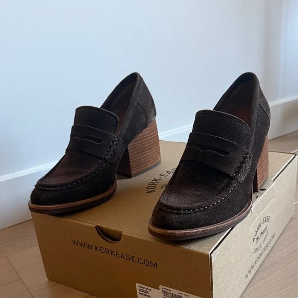 Kork-Ease Dark Brown Suede Block Heel Loafers - Picture 1 of 7